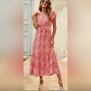 Fantasticlook NWT Women's Ruffle Sleeve Belted Boho Midi Dress, L, Red & White